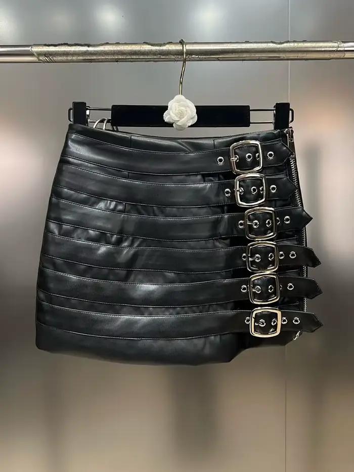 DEAT Mini-jupe tendance pour femme en similicuir PU à ceintures multiples