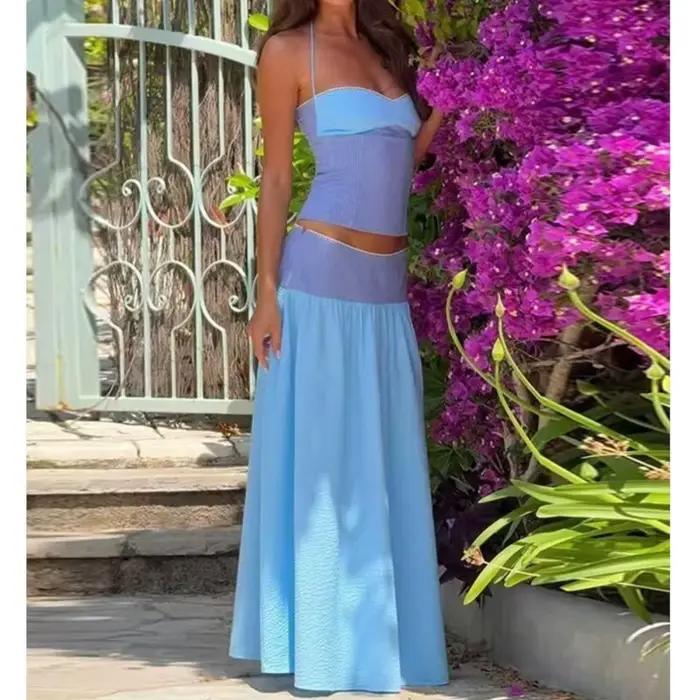 Ensemble jupe femme été rayé colorblock sexy dos nu hauts à lacets taille mi-haute