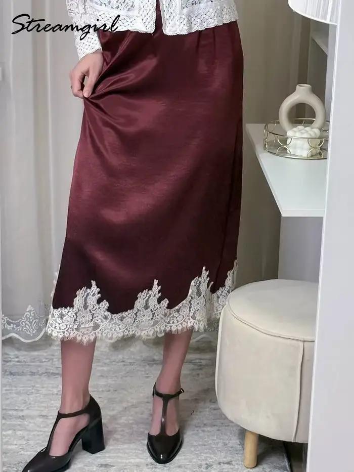 Jupe midi en satin avec dentelle marron pour femme