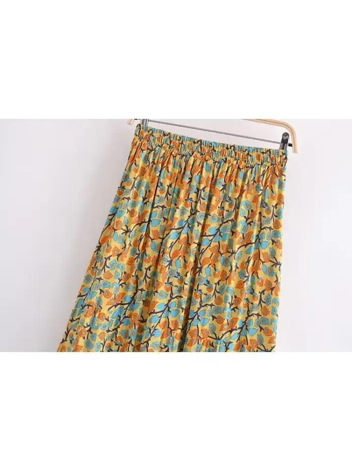 Vintage Chic Hippie femmes jaune imprimé fleuri plage bohème jupe haute taille élastique rayonne coton a-ligne Boho Maxi