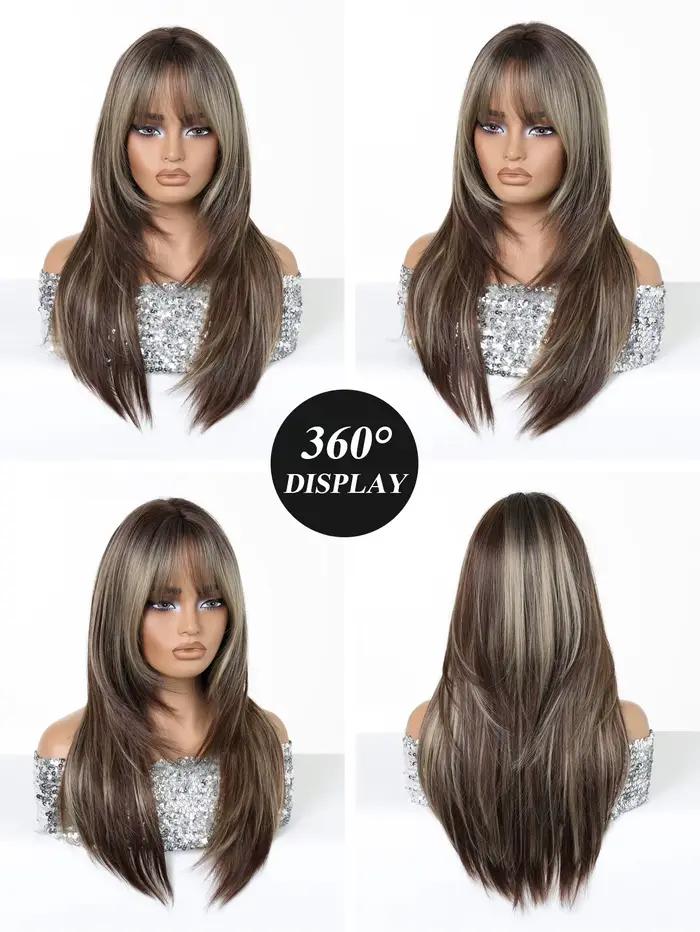 Perruque longue et droite ombrée blond-brun pour femmes avec frange douce, en fibre synthétique résistante à la chaleur, aspect naturel pour usage quotidien et cosplay