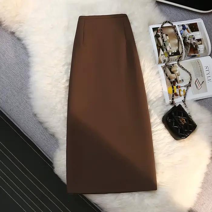 Mode élégante jupes formelles femmes automne nouveau taille haute drapé costume longue jupe marron fermeture éclair femme