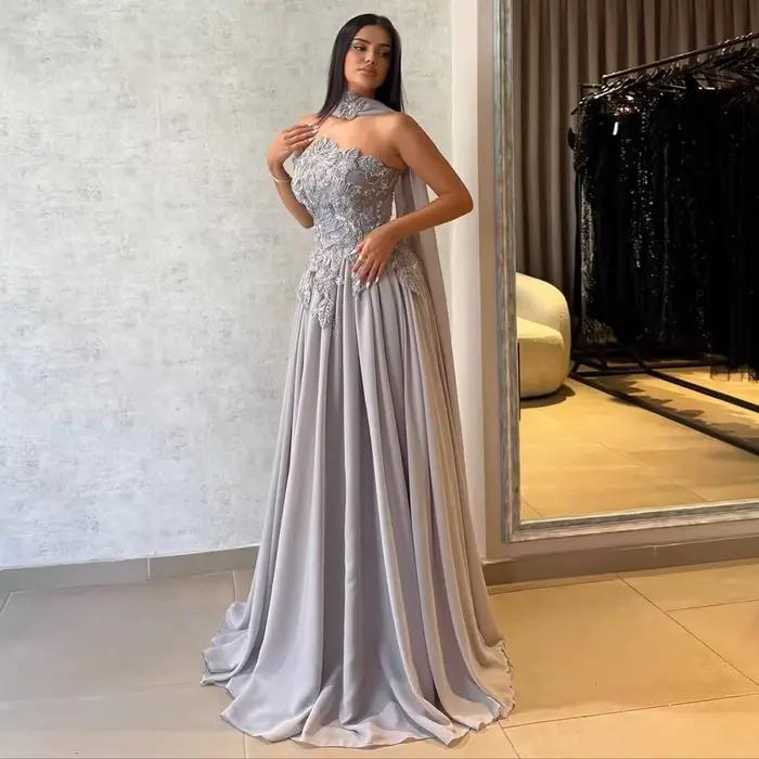 Robe de soirée élégante sans bretelles coupe trapèze avec perles pour femme 2026 – Robe longue de luxe en mousseline pour bal de promo, mariage et fête, personnalisable