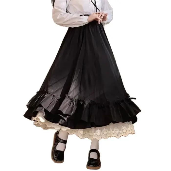 Style coréen noir blanc demi-jupe femme jupes longues japonais couleur unie Double couche Vintage français à volants a-ligne jupe