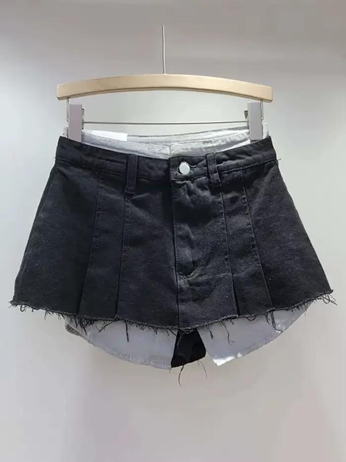 DEAT femmes jupe en jean taille haute plissée Patchwork couleur contrastée grandes poches bavures a-ligne Mini