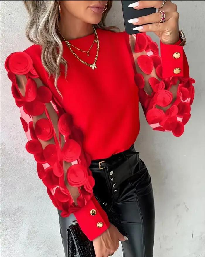 2025 chemise femme manches longues automne printemps mode col rond dentelle pétale manches Blouse vêtements