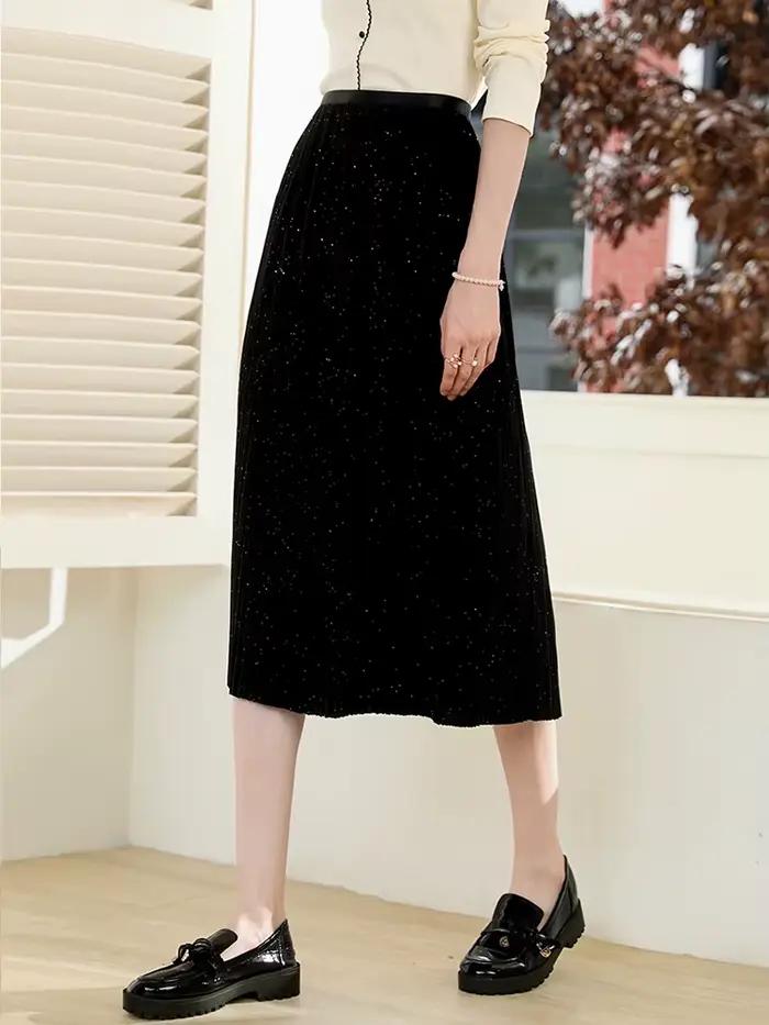 Je vous crois noir paillettes plissé a-ligne jupe 2025 automne élastique taille haute jupes rétro trajet parapluie