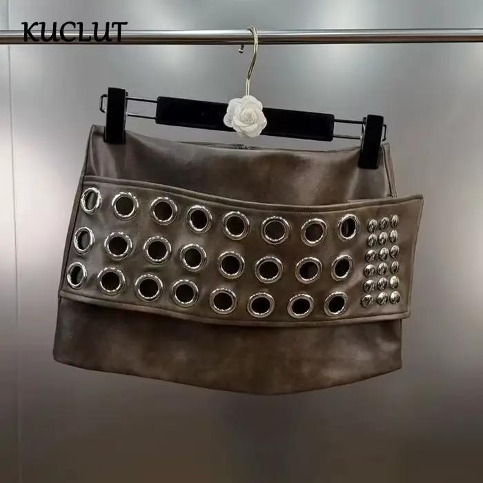 KUCLUT 2026 printemps anneau en métal boucle décorée jupe en cuir PU pour les femmes taille basse Rivet a-ligne jupes courtes femme 1A1672