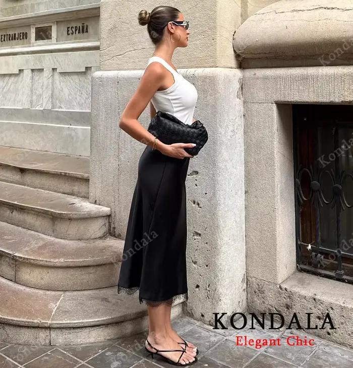 Jupe midi en satin et dentelle Kondala pour femmes élégantes et luxueuses dîners et rendez-vous occasions spéciales romantisme sophistication soirée trousseau