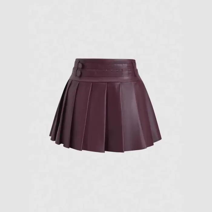 Nouvelle jupe plissée trapèze taille haute en similicuir noir pour femme 2026