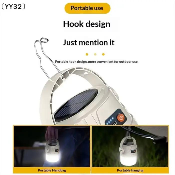 Lampe de camping à longue durée de vie, alimentée par énergie solaire, prend en charge la charge de type C, lampe de tente portable d'extérieur, lampe de secours, crochet〔YY32〕
