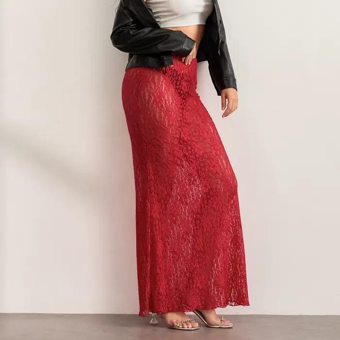 Jupe longue taille basse en dentelle florale pour femme