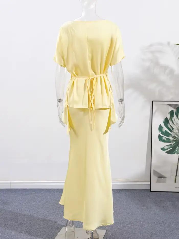 Mode jaune Satin hauts jupe 2 pièces ensemble femmes à lacets haut taille haute sirène