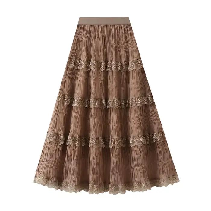 Fée plissée maille gaze Patchwork dentelle jupe femmes mode 2025 printemps été nouveau taille haute décontractée tout-match gâteau jupes