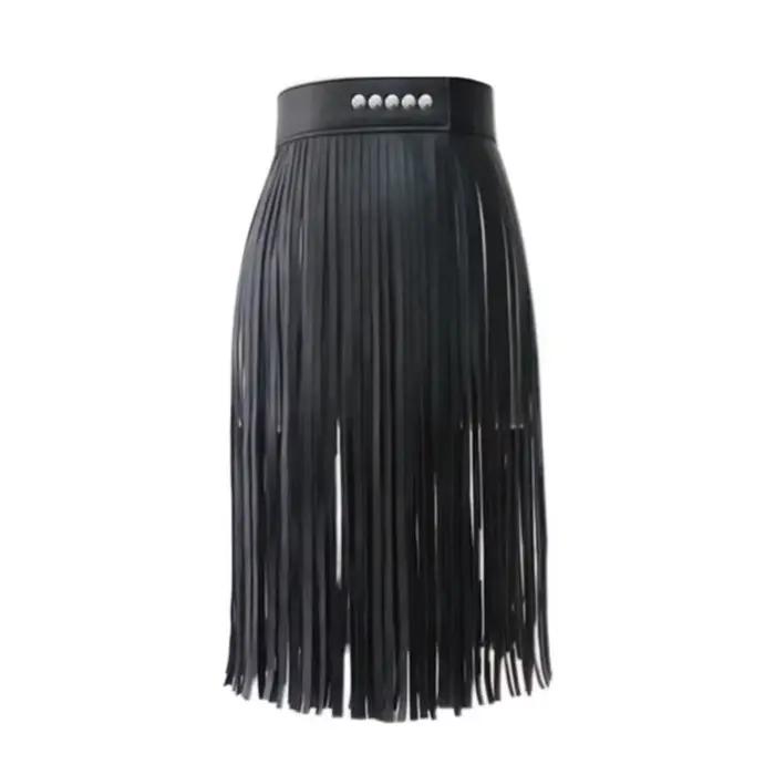 Jupe longue à franges en similicuir, taille haute, style punk rock, avec ceinture ajustable, style bohème, pour costume ou tenue de club