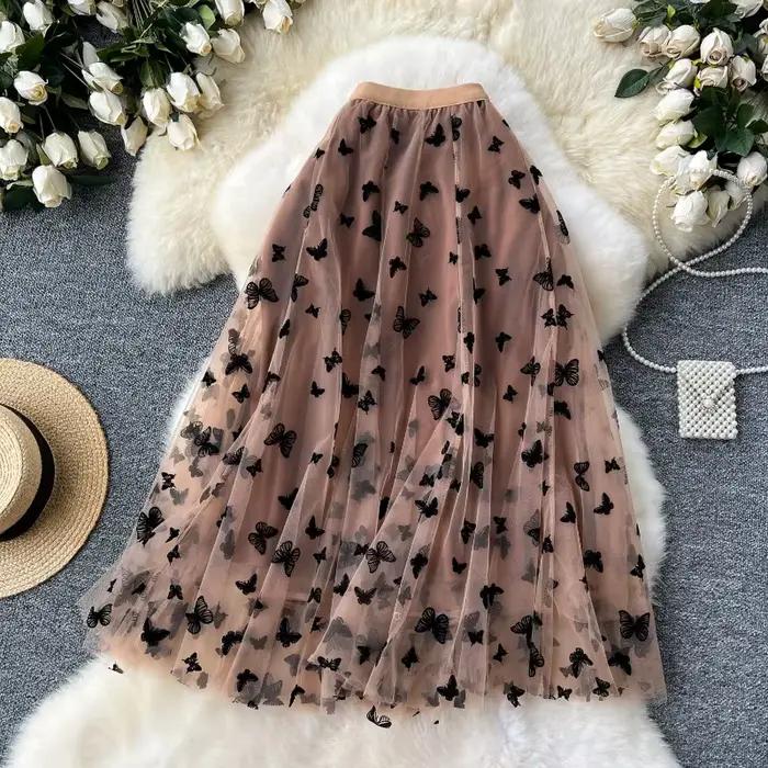 Jupe élégante pour femme, taille haute, coupe trapèze, brodée, en résille, style féerique, amincissante, couvrant les hanches, longueur midi 2026