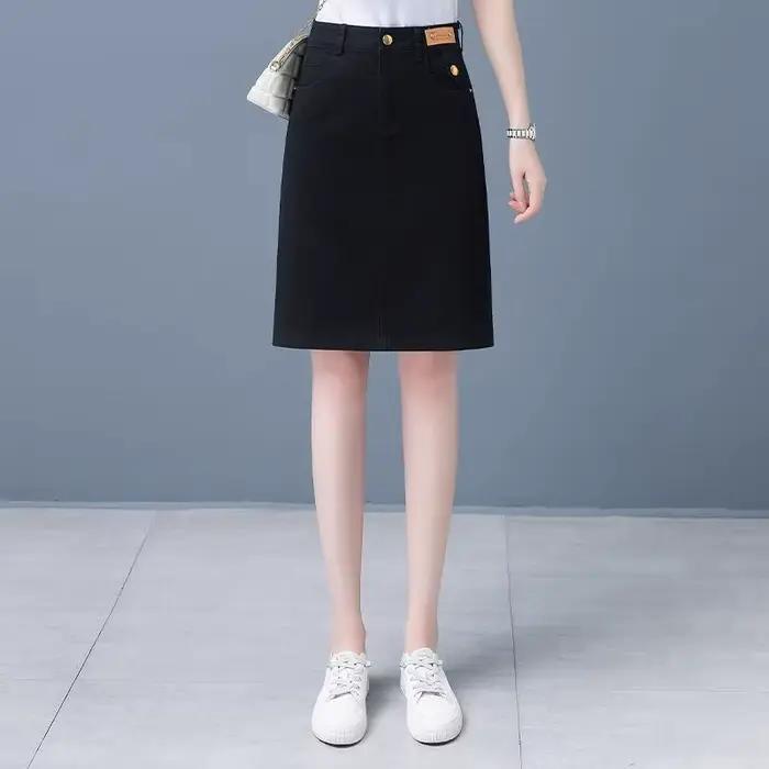 Jupes en jean femme noir Midi taille haute jupe