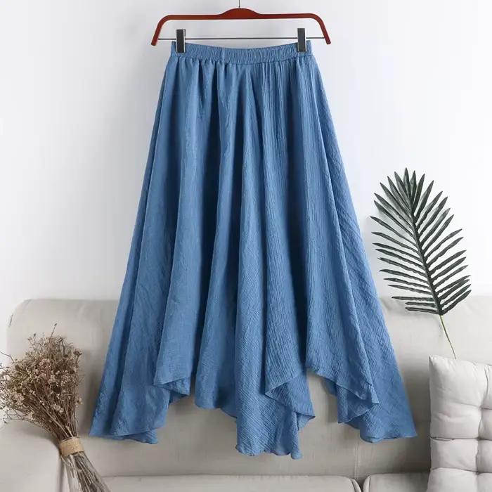 Jupe en lin femme printemps été 2025 nouvelles femmes Midi couleur unie sauvage irrégulière plissée bleu noir grande