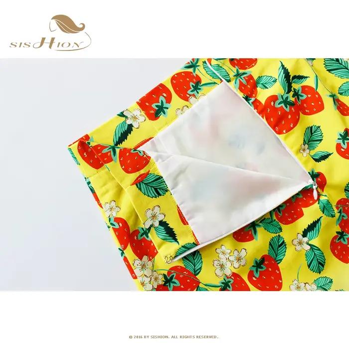 SISHION 50s 60s Vintage fraise imprimé Mini longueur jaune jupe SS0008 une ligne coton courte Sexy été femmes jupes