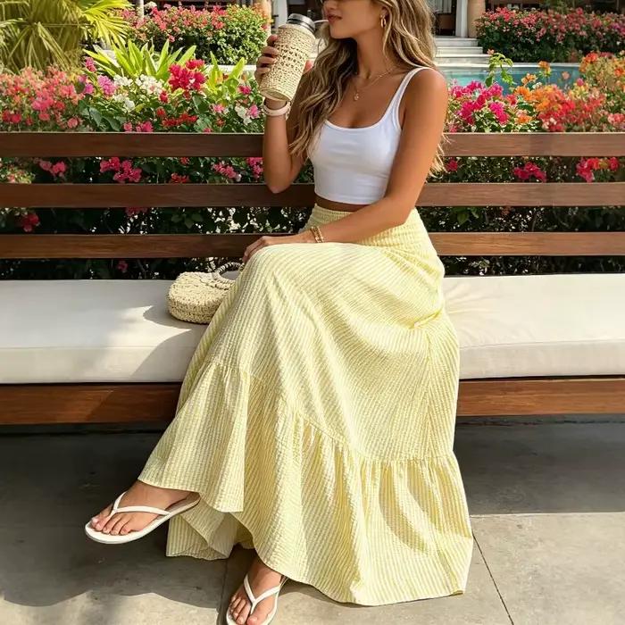 Jupe longue maxi évasée à volants et rayures gingham pour femme