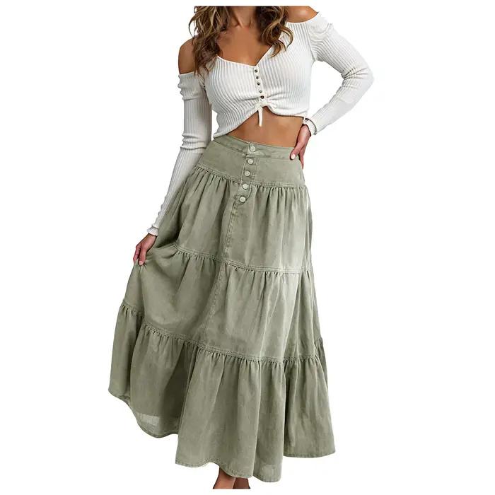 Jupe en jean femme Boho élégant à volants grand ourlet a-ligne décontracté mode