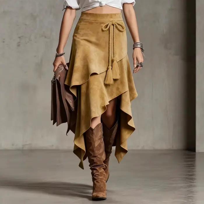 Jupe en daim de style western rétro, design irrégulier, jupe unie