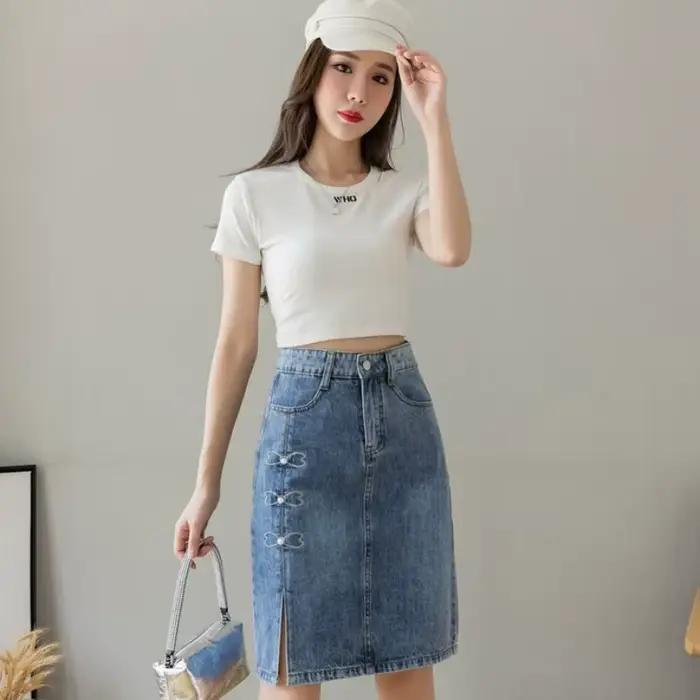 Jupes en jean pour femmes bleu aux genoux longueur avec fente taille haute femme jupe