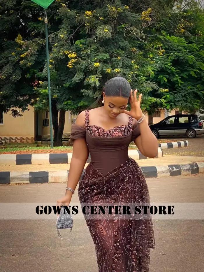 Superbes robes de soirée en dentelle marron, robe de mariée traditionnelle africaine, robe de luxe en dentelle perlée pour anniversaire, Asoebi personnalisée