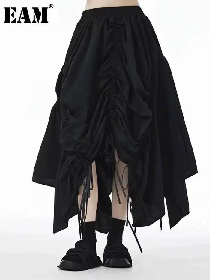 EAM taille haute élastique noir cordon irrégulier a-ligne demi-corps jupe femmes mode marée nouveau printemps automne 2026 1DJ0951