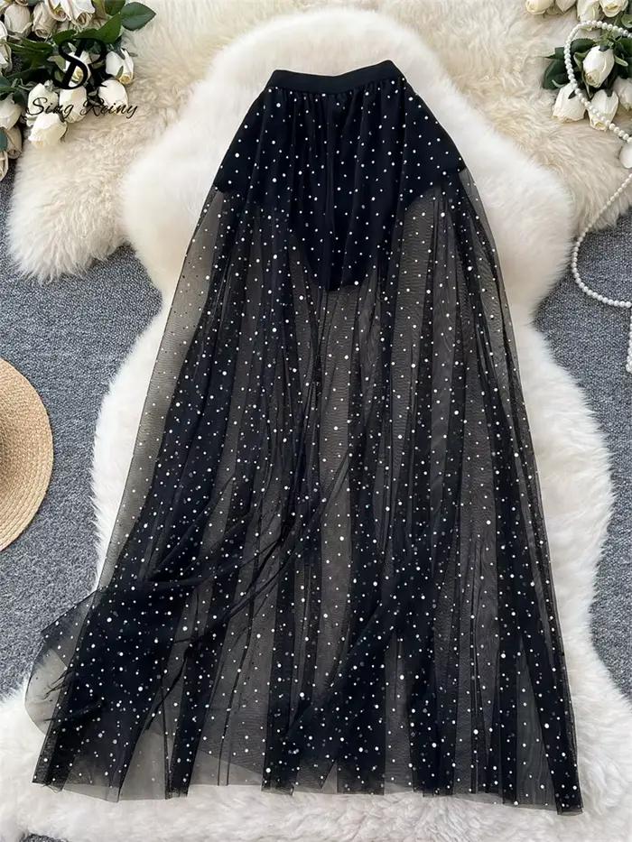 SINGREINY mode paillettes maille jupe taille haute mince pure 2025 femmes été doux tenue extérieure Style coréen