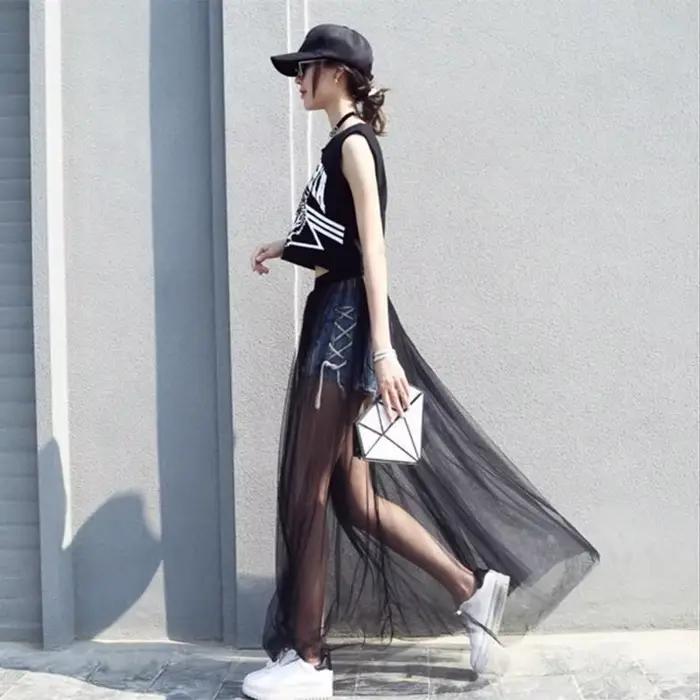 2025 été longue dentelle jupe femmes noir blanc maille jupes décontractées taille basse bohème Sexy Transparent Maxi porter