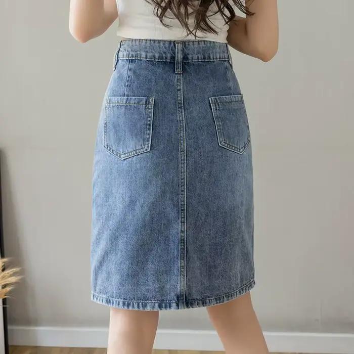 Jupes en jean pour femmes bleu aux genoux longueur avec fente taille haute femme jupe