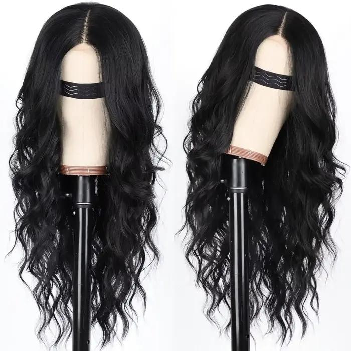 Perruque noire pour femme, longue, ondulée, avec dentelle, raie au milieu, synthétique, résistante à la chaleur, pour usage quotidien ou soirée - 26 pouces