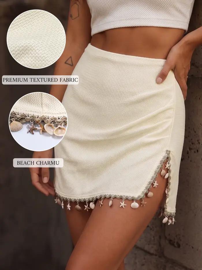 Mini-jupe en crochet de style bohème pour femme avec franges en coquillages et étoiles de mer – Jupe de plage d'été