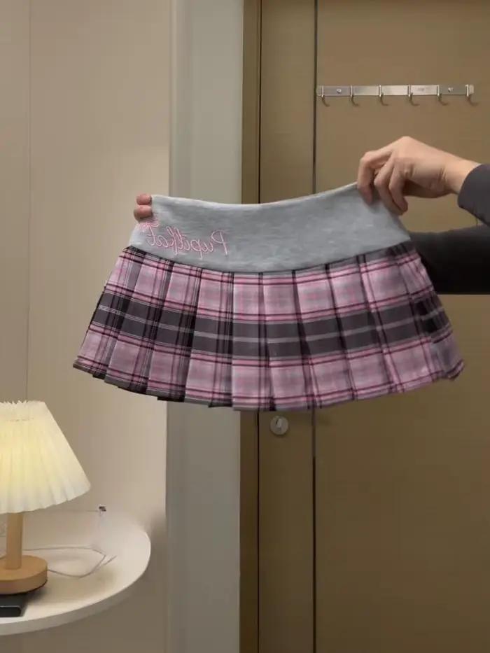 Jupes Patchwork à Carreaux Style Preppy 2026 Nouvelle Collection Été pour Femme Y2K Taille Haute Broderie Froncée Faldas De Mujer