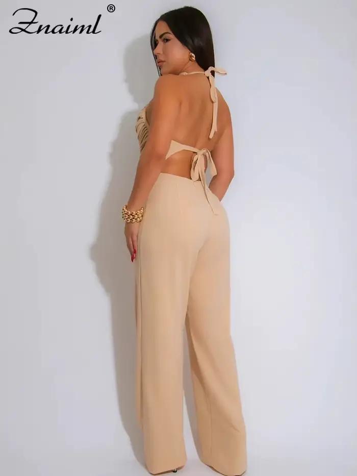 Znaiml combinaisons longues élégantes pour les femmes été sans manches licou à lacets dos nu pansement pantalon à jambes larges barboteuses une pièce 2025