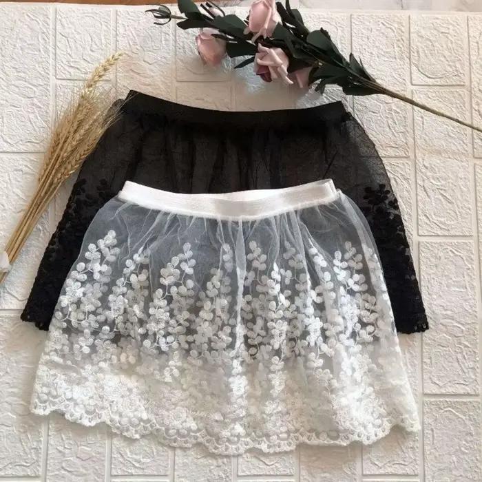 Jupon court taille haute en dentelle transparente brodé de fleurs pour femme