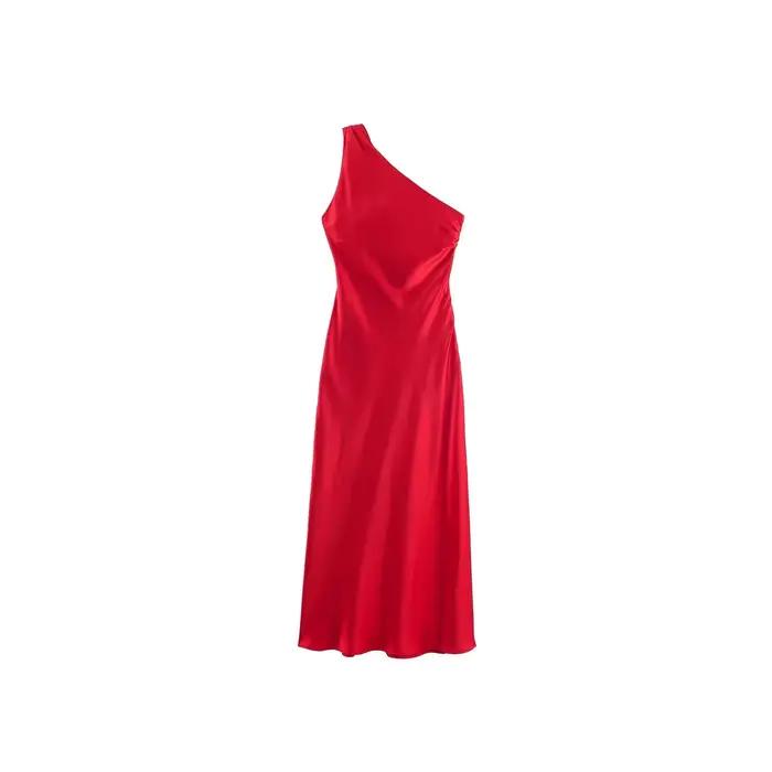 Robe longue élégante asymétrique en satin de soie, design tendance, style streetwear, taille haute, coupe ajustée, sexy, pour le quotidien