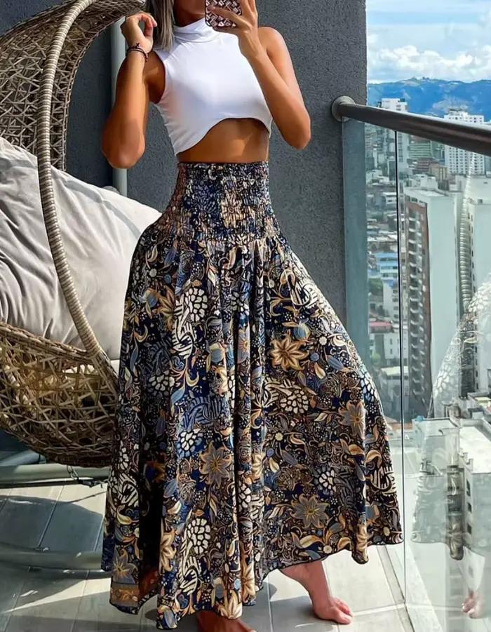Jupe longue à taille haute élastique pour femmes