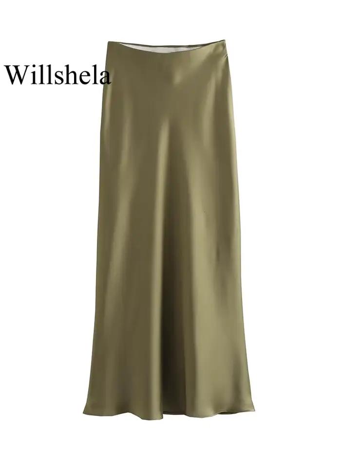 Willshela femmes mode Satin solide plissé jupe Midi Vintage taille mi élastique femme Chic dame jupes
