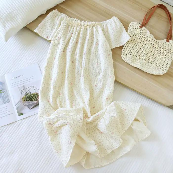 Chemise de nuit en coton fin à imprimé floral pour femme, pyjama d'été doux et mignon à manches courtes, coupe ample, robe de maison