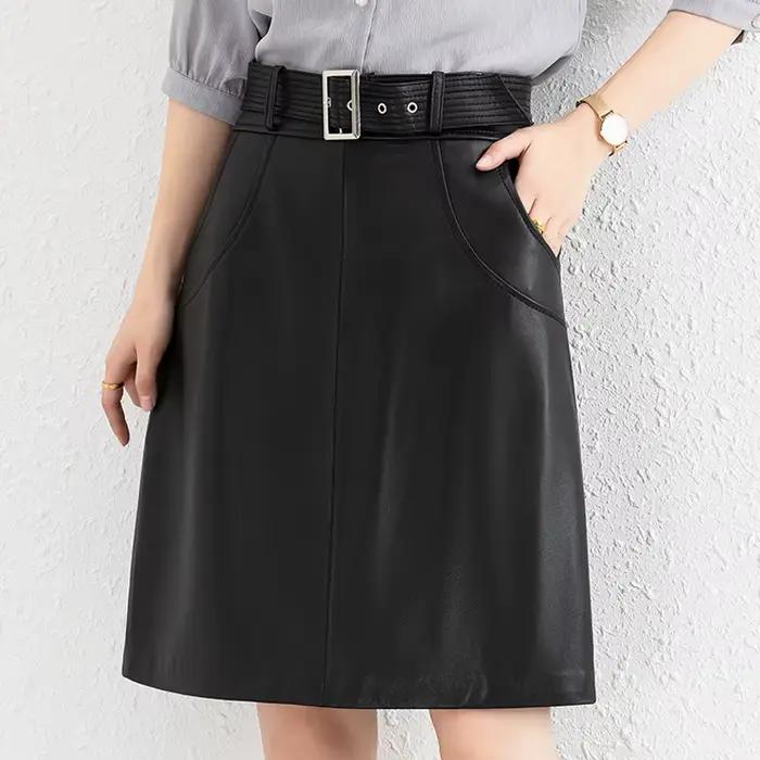 Jupe en cuir véritable Recurfs Youni avec poches, coupe une ligne, élégante pour femmes, occassions formelles et quotidiennes