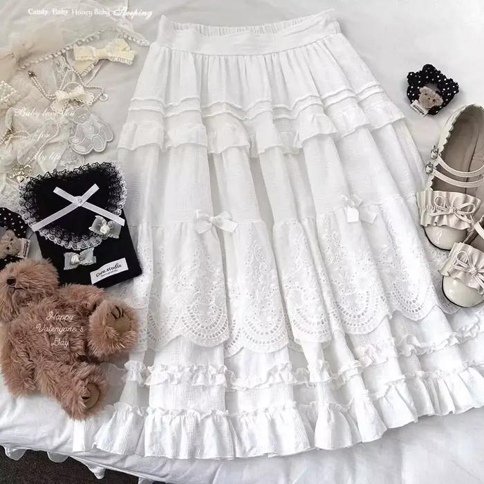 Jupe mi-longue en dentelle brodée Lolita Vintage kawaii écolière prairie rose Y2k occassions spéciales ```