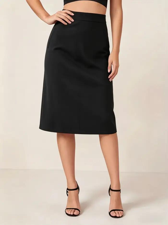 Jupe midi pour femme, taille haute, coupe droite, ligne A, avec poches, noire, décontractée, pour le printemps et l'été, tenue de bureau, élégante