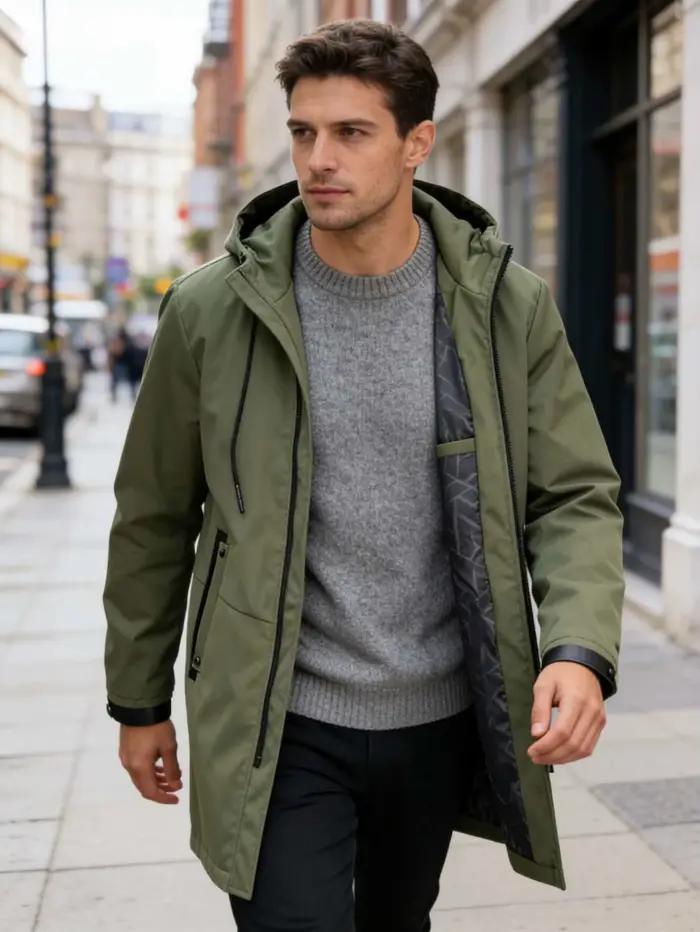 Parka longue à capuche pour homme noir, coupe-vent mi-longue décontractée urbaine avec capuche ajustable et poches zippées