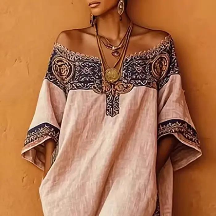 Robe longue ethnique sexy à épaules dénudées et découpes pour femme, imprimé géométrique, poches, coupe ample, maxi-robe décontractée pour le printemps et l'été, idéale pour les vacances