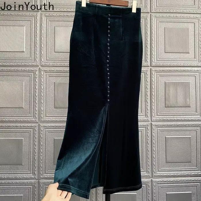 2025 Faldas Mujer De Moda Vintage Jupe longue taille haute a-ligne velours