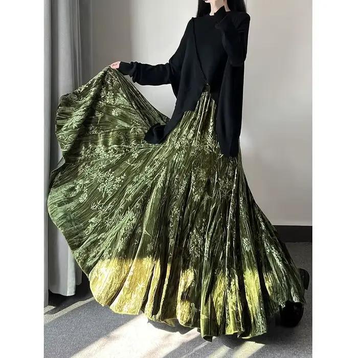 Jupe mi-longue en velours vert style rétro imprimé floral grande balançoire coupe ample automne hiver femme occassions spéciales