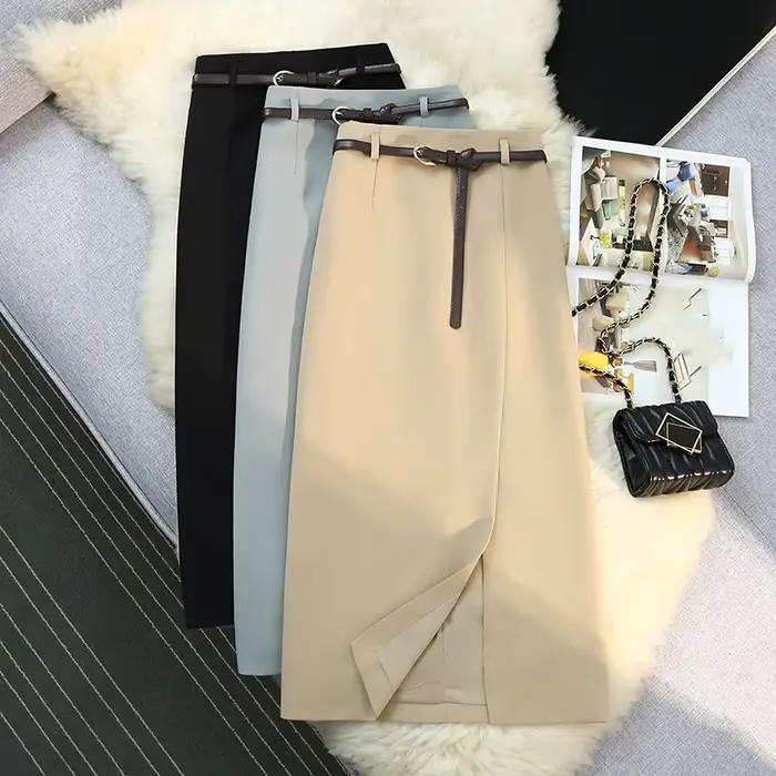 Jupes mi-longues pour femmes vintage, couleur unie, fendue sur le devant, taille haute, polyesters-coton, nouvelles collections printemps été 2024, bureau, ligne a
