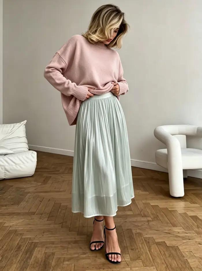 Hirsionsan-Jupe mi-longue taille haute en satin pour femme